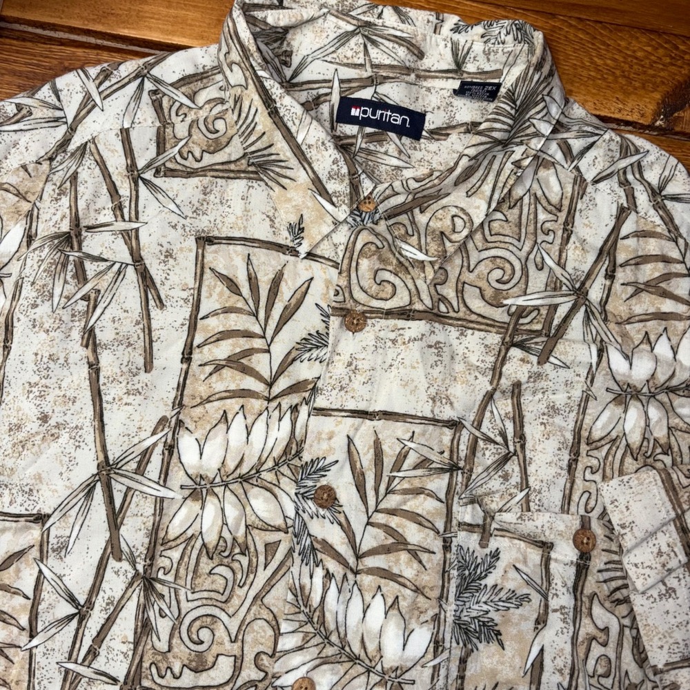 Puritan Button Up Shirt Mens 2XL Beige Tropical Bamboo Palm Tree Rayon Y2K